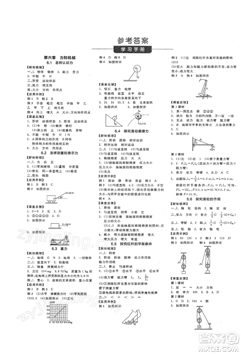 陽光出版社2022全品學(xué)練考作業(yè)手冊(cè)八年級(jí)物理下冊(cè)滬粵版參考答案