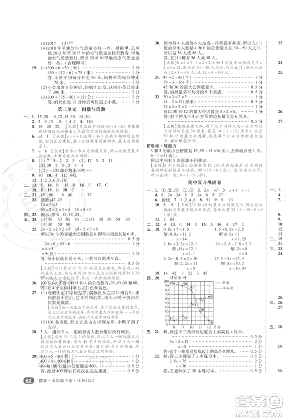 天津人民出版社2022全品小復(fù)習五年級數(shù)學下冊蘇教版江蘇專版參考答案