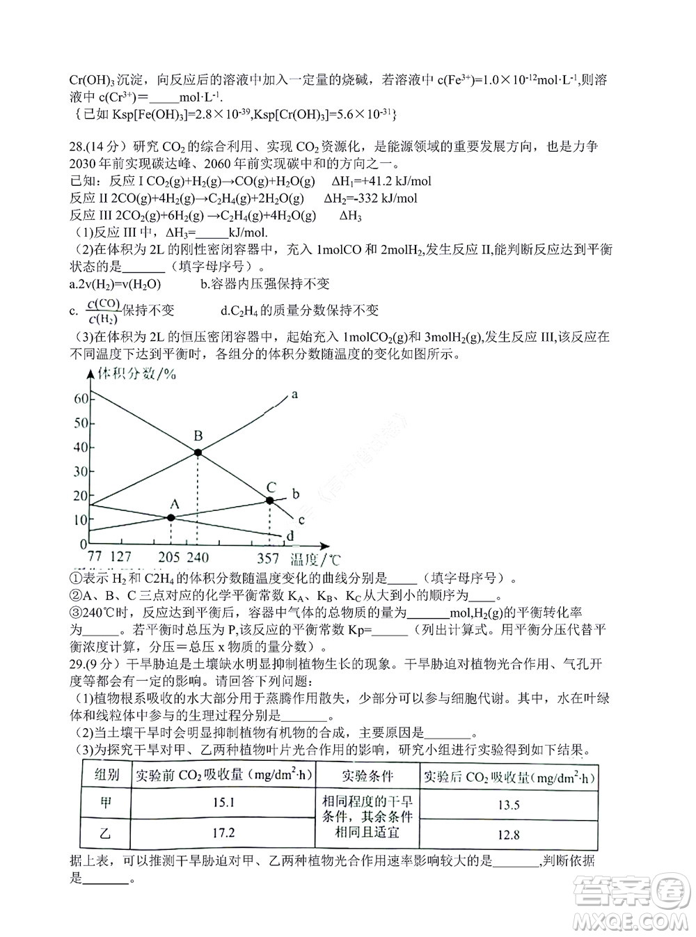 貴陽(yáng)銅仁六盤(pán)水市2022年高三適應(yīng)性考試一理科綜合試題及答案