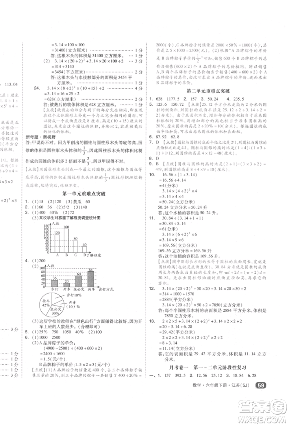 天津人民出版社2022全品小復(fù)習(xí)六年級數(shù)學(xué)下冊蘇教版江蘇專版參考答案