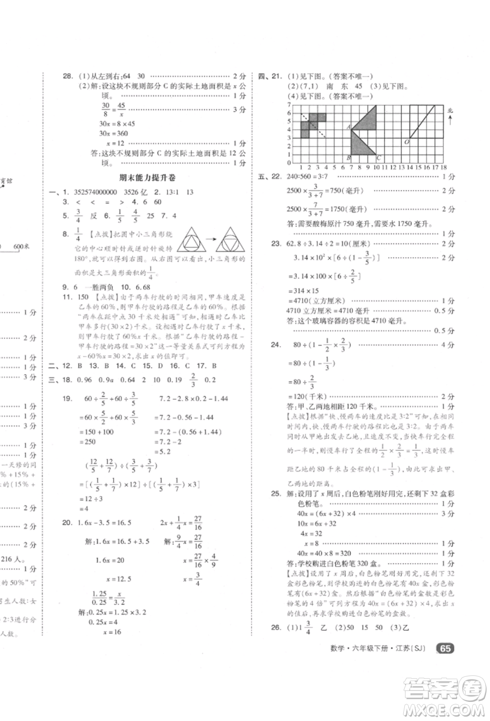 天津人民出版社2022全品小復(fù)習(xí)六年級數(shù)學(xué)下冊蘇教版江蘇專版參考答案