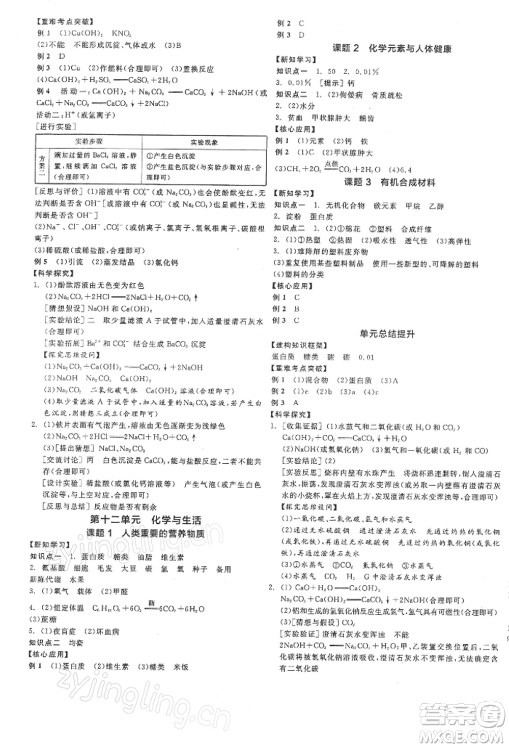 陽(yáng)光出版社2022全品學(xué)練考聽(tīng)課手冊(cè)九年級(jí)化學(xué)下冊(cè)人教版參考答案