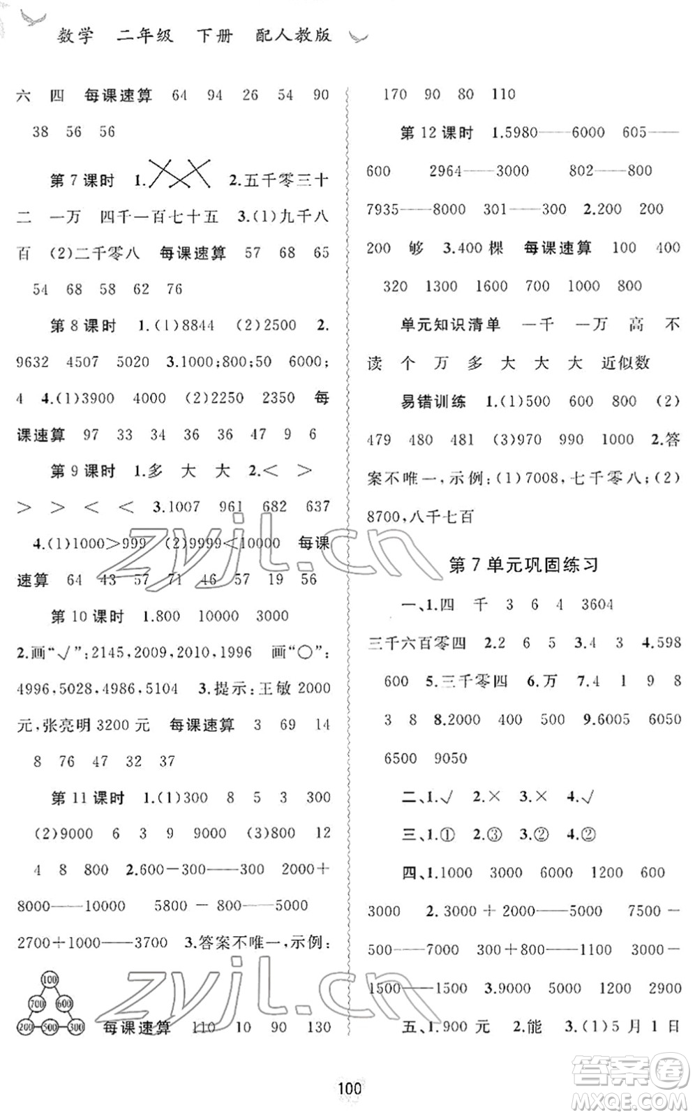 廣西教育出版社2022新課程學(xué)習(xí)與測評同步學(xué)習(xí)二年級數(shù)學(xué)下冊人教版答案