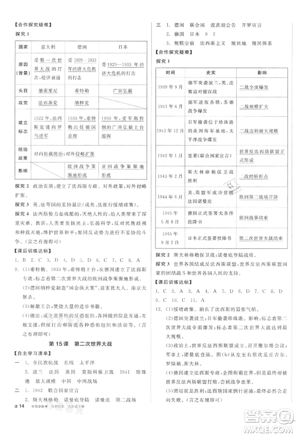 陽光出版社2022全品學練考九年級世界歷史下冊人教版參考答案