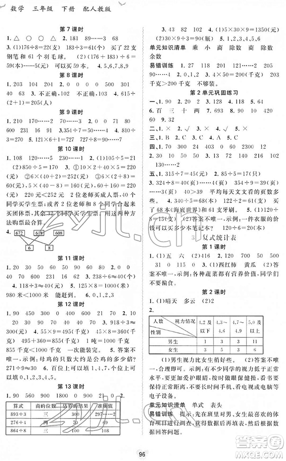 廣西教育出版社2022新課程學(xué)習(xí)與測評同步學(xué)習(xí)三年級數(shù)學(xué)下冊人教版答案