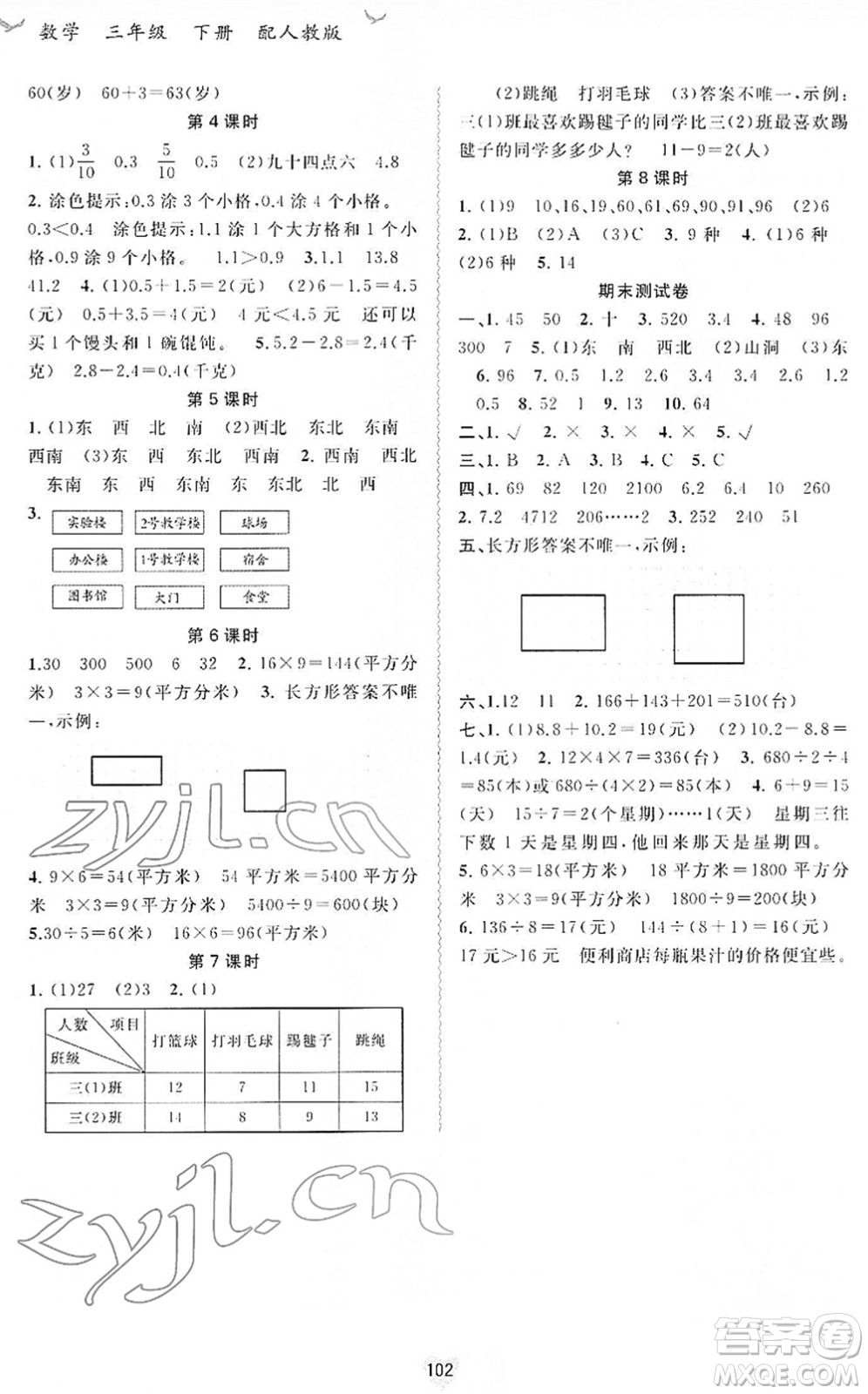 廣西教育出版社2022新課程學(xué)習(xí)與測評同步學(xué)習(xí)三年級數(shù)學(xué)下冊人教版答案