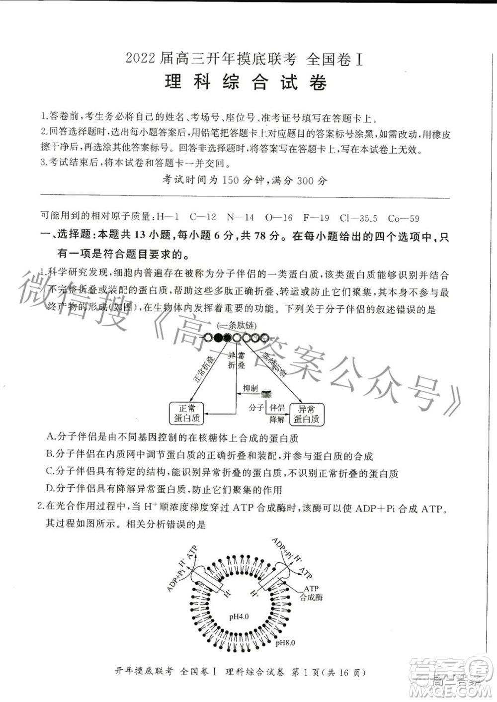 百師聯(lián)盟2022屆高三開年摸底聯(lián)考全國卷1理科綜合試題及答案