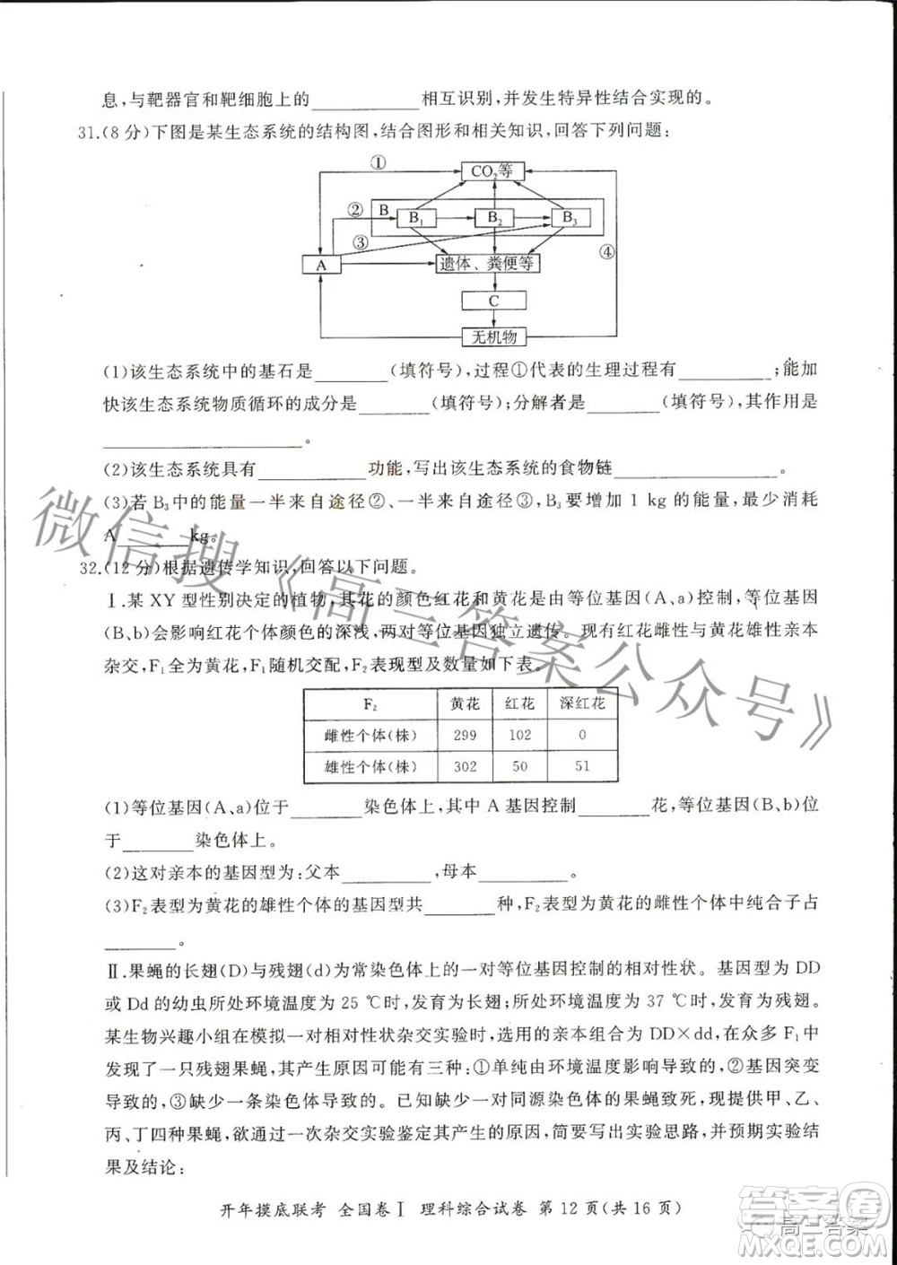 百師聯(lián)盟2022屆高三開年摸底聯(lián)考全國卷1理科綜合試題及答案