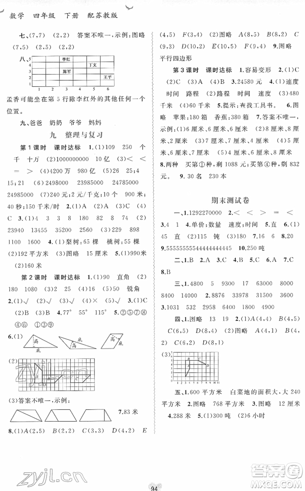 廣西教育出版社2022新課程學(xué)習(xí)與測評同步學(xué)習(xí)四年級數(shù)學(xué)下冊蘇教版答案