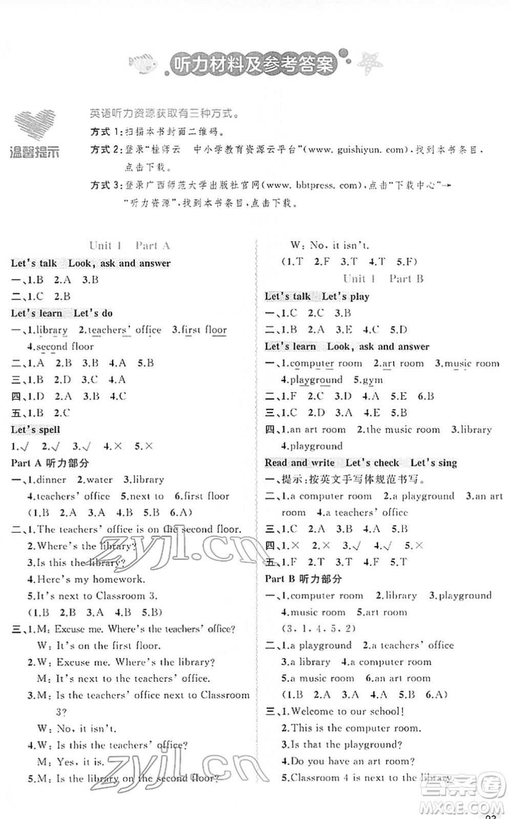 廣西教育出版社2022新課程學(xué)習(xí)與測評同步學(xué)習(xí)四年級英語下冊人教版答案