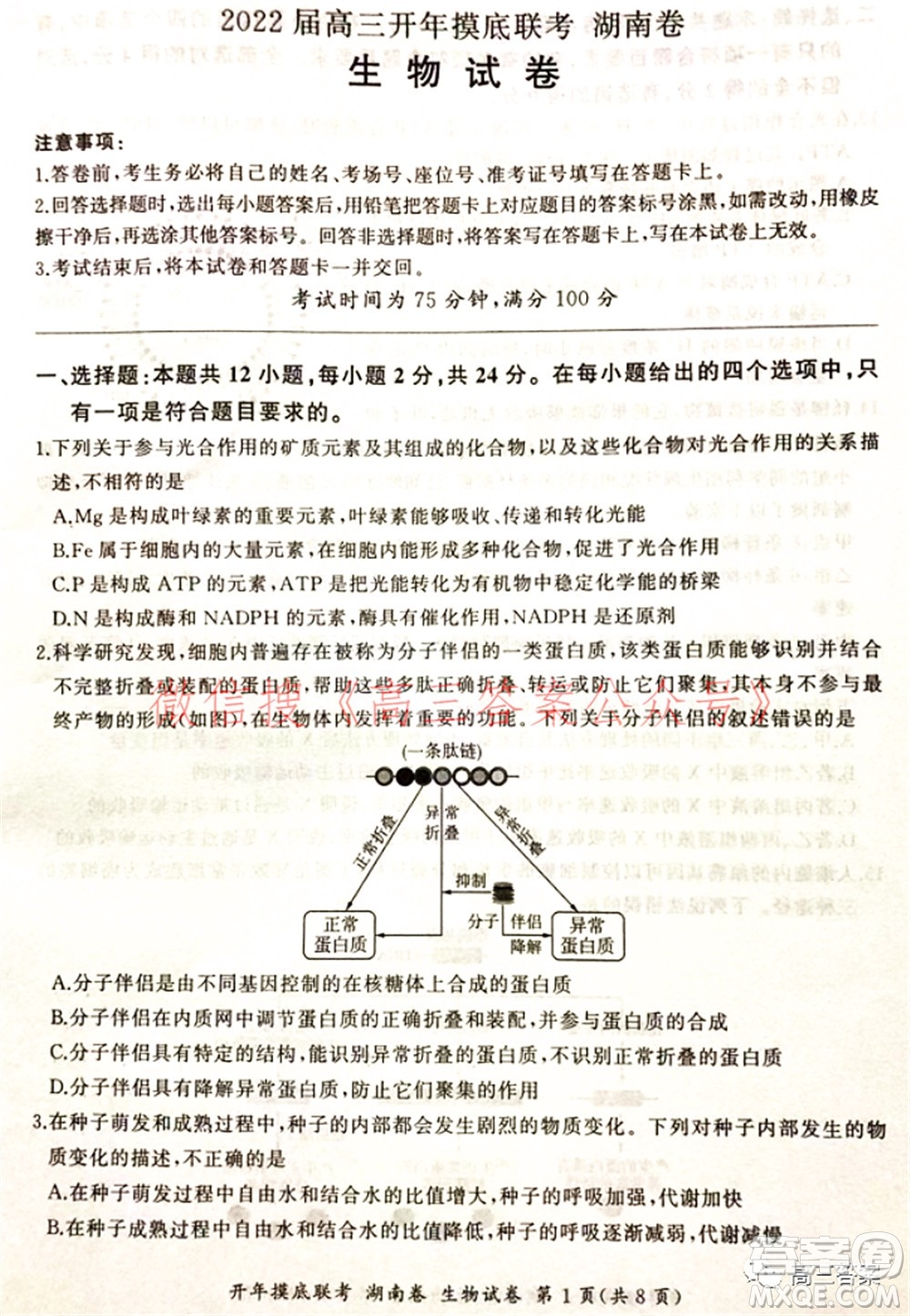 百師聯(lián)盟2022屆高三開(kāi)年摸底聯(lián)考湖南卷生物試題及答案