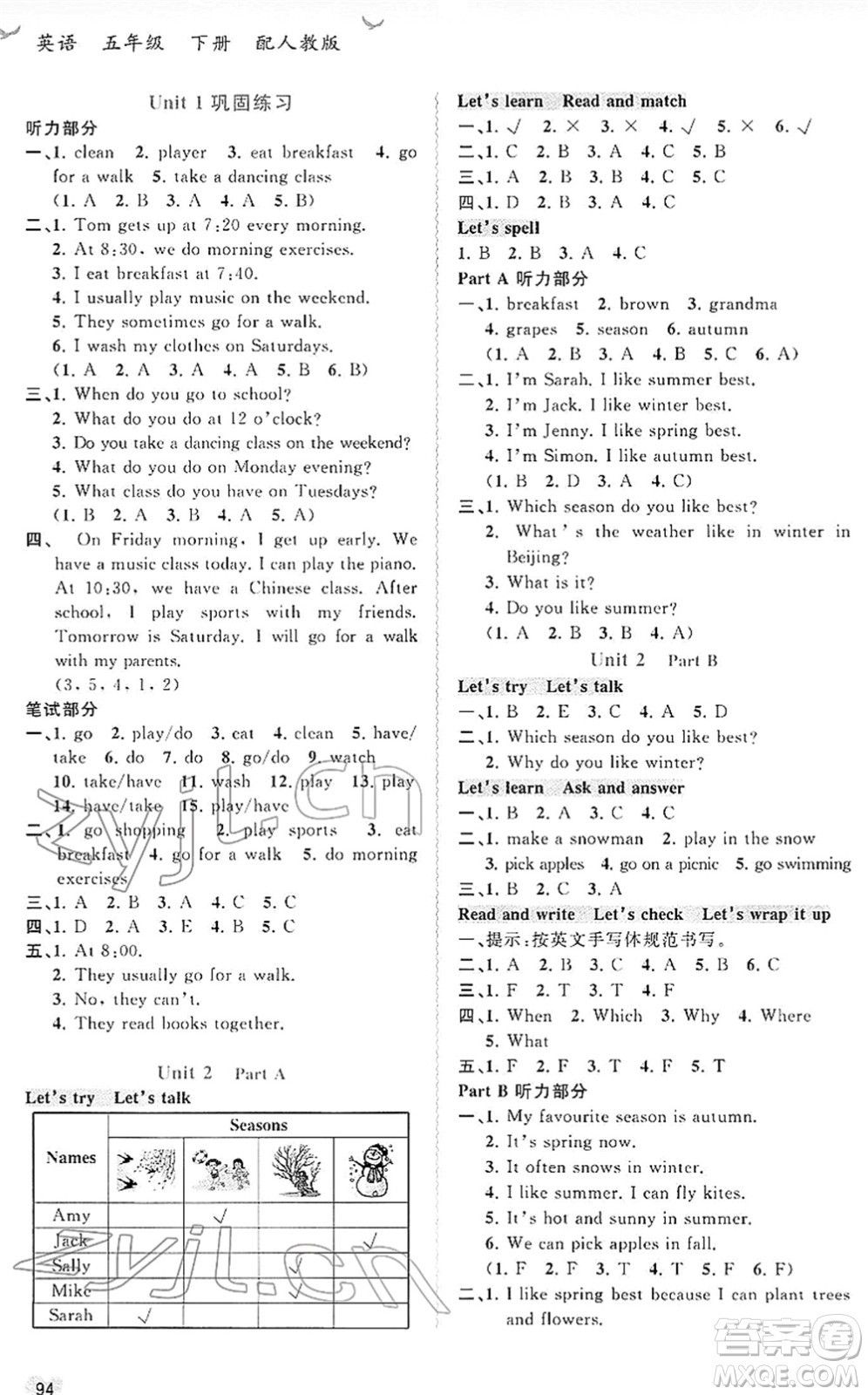 廣西教育出版社2022新課程學(xué)習(xí)與測(cè)評(píng)同步學(xué)習(xí)五年級(jí)英語(yǔ)下冊(cè)人教版答案