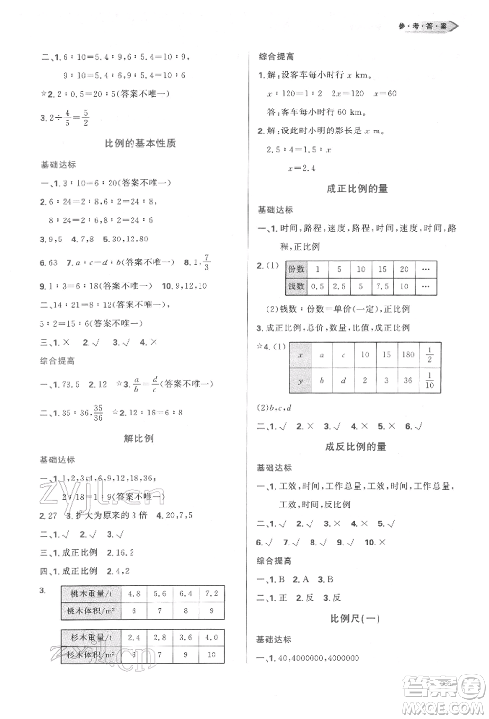 天津教育出版社2022學(xué)習(xí)質(zhì)量監(jiān)測(cè)六年級(jí)數(shù)學(xué)下冊(cè)人教版參考答案