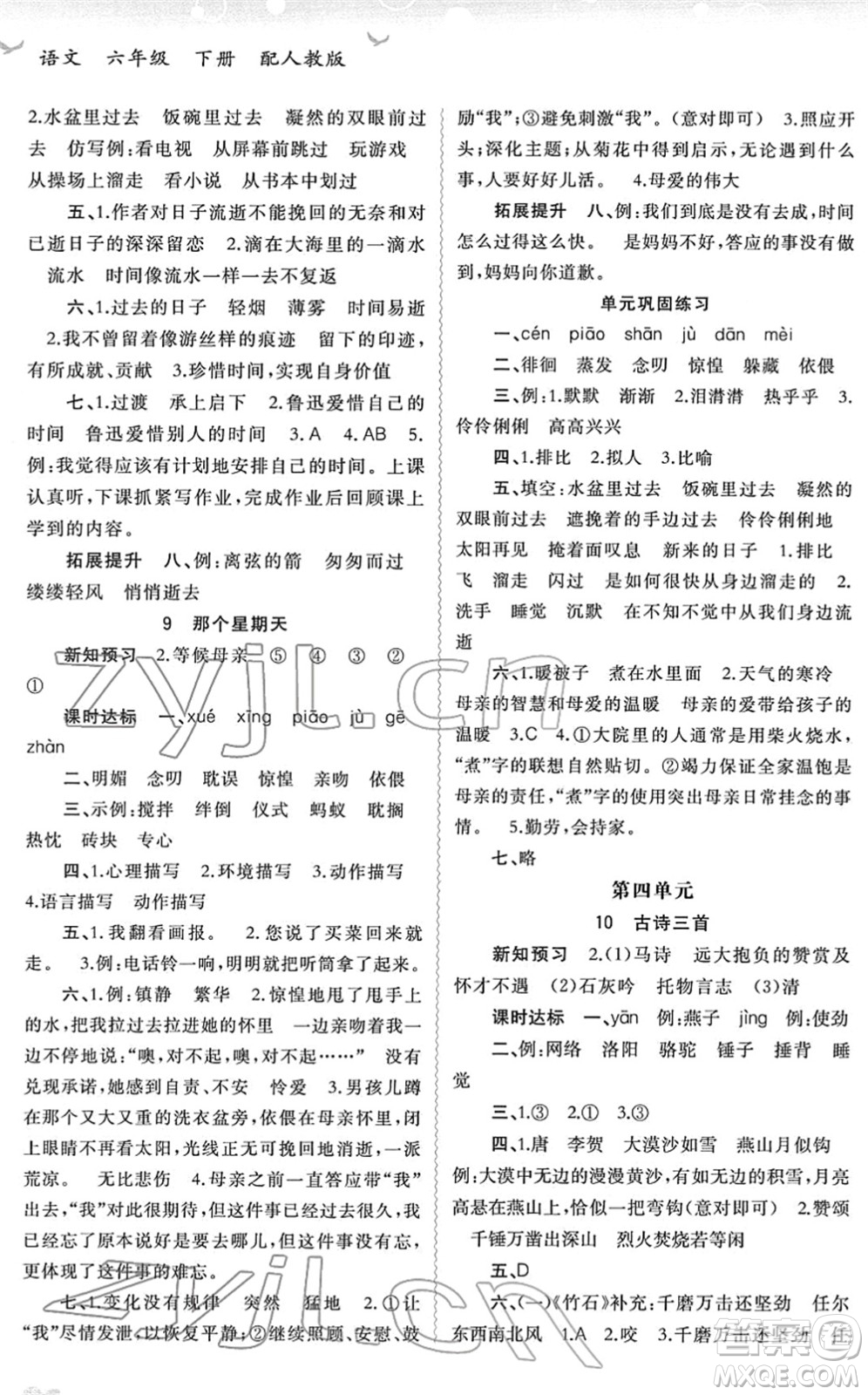 廣西教育出版社2022新課程學(xué)習(xí)與測評同步學(xué)習(xí)六年級語文下冊人教版答案