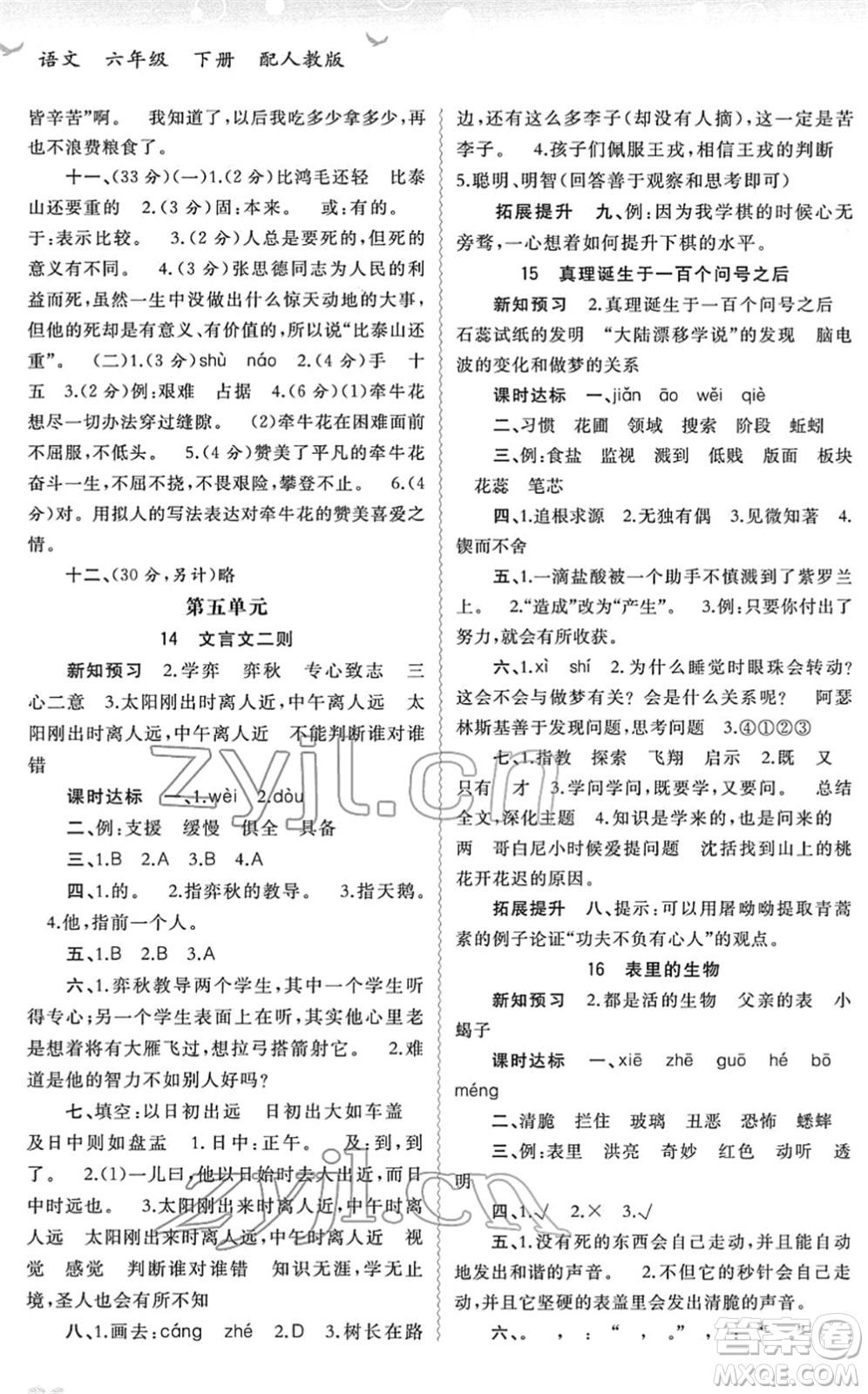 廣西教育出版社2022新課程學(xué)習(xí)與測評同步學(xué)習(xí)六年級語文下冊人教版答案