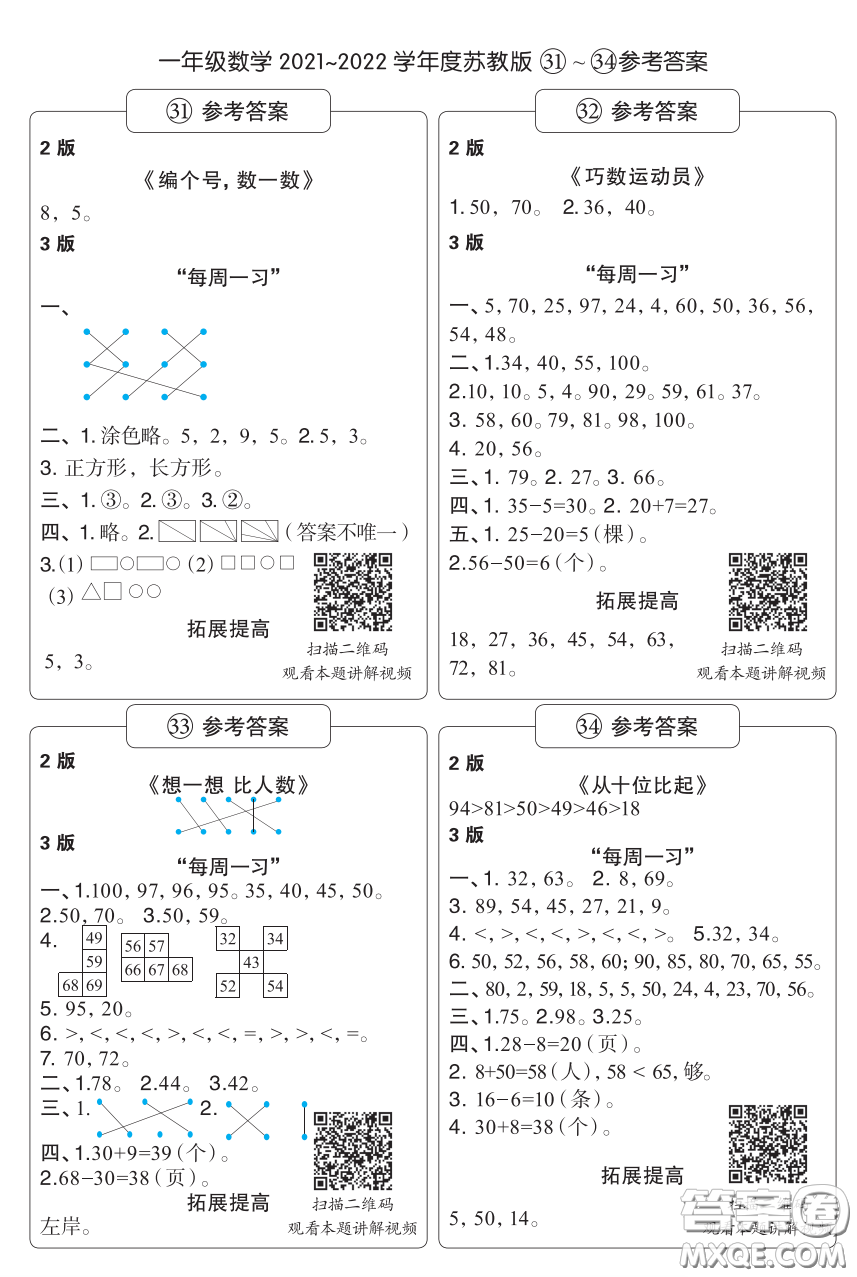 時(shí)代學(xué)習(xí)報(bào)數(shù)學(xué)周刊一年級(jí)2021-2022學(xué)年度蘇教版第31-34期答案