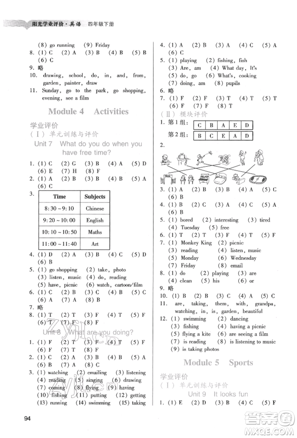 廣州出版社2022陽(yáng)光學(xué)業(yè)評(píng)價(jià)四年級(jí)英語(yǔ)下冊(cè)教科版參考答案