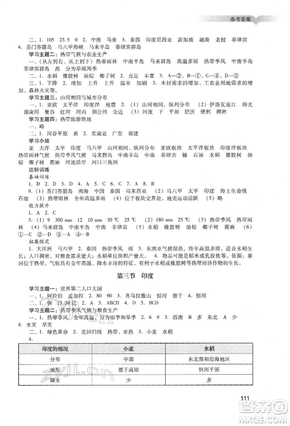 廣州出版社2022陽光學(xué)業(yè)評(píng)價(jià)七年級(jí)地理下冊(cè)人教版參考答案