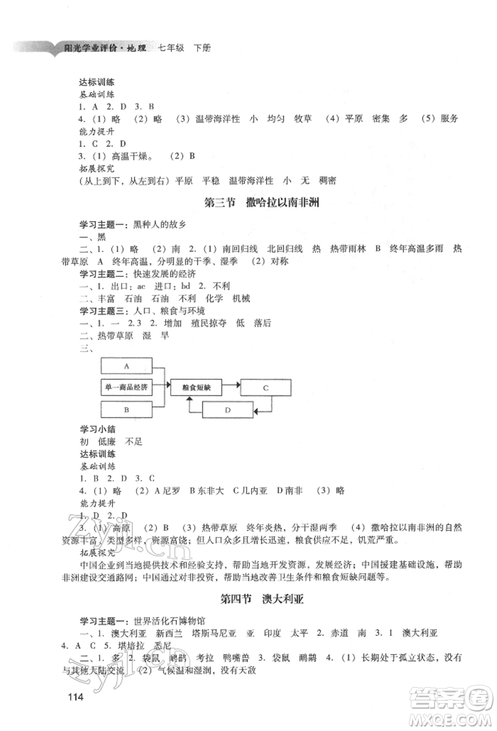 廣州出版社2022陽光學(xué)業(yè)評(píng)價(jià)七年級(jí)地理下冊(cè)人教版參考答案