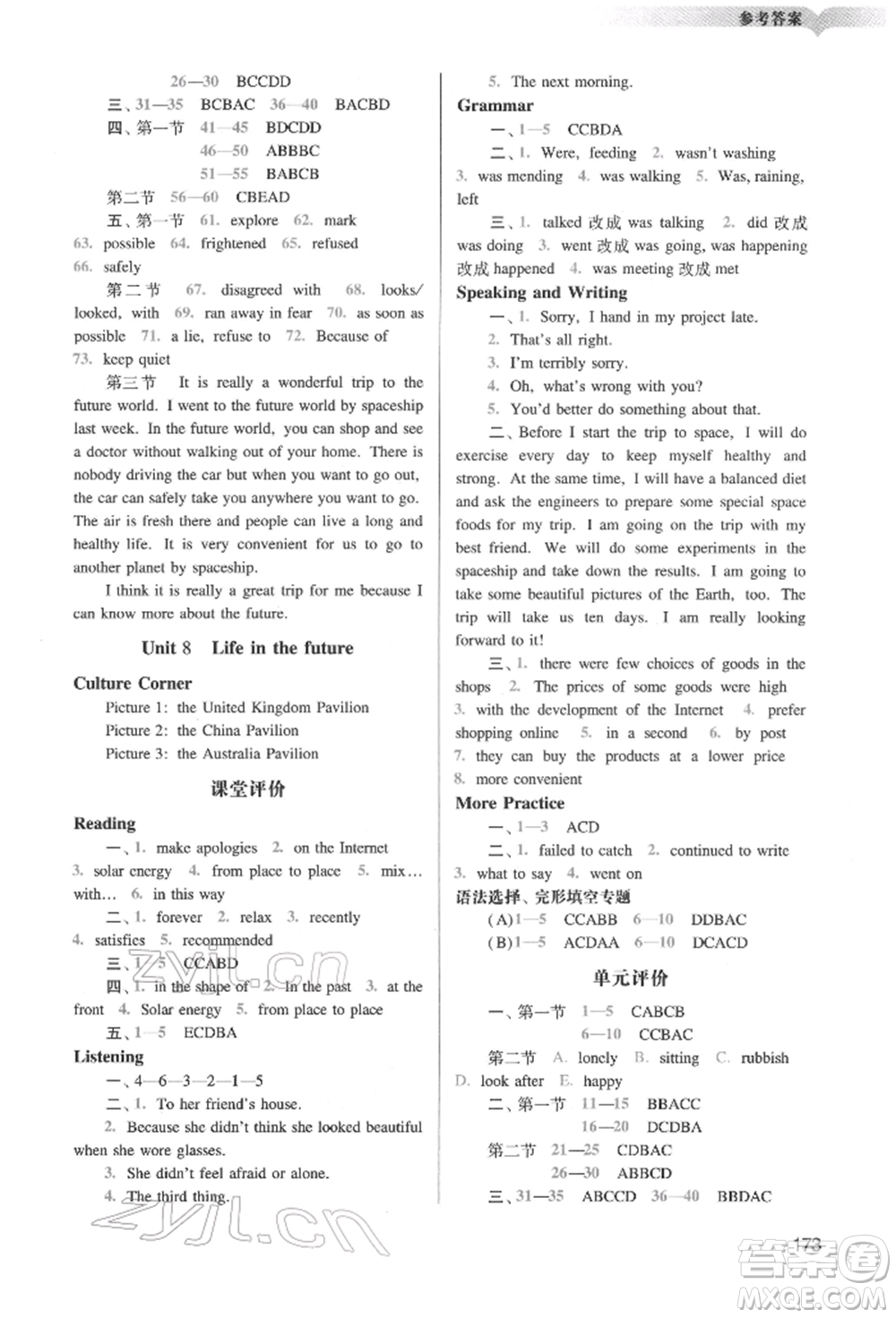 廣州出版社2022陽光學業(yè)評價八年級英語下冊滬教版參考答案