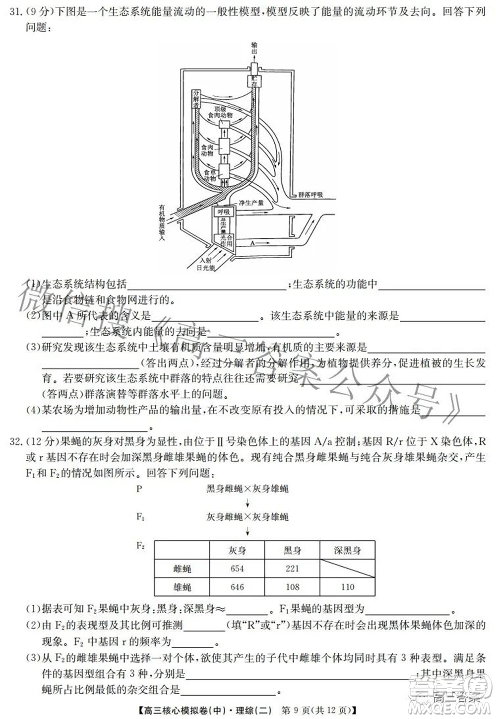 九師聯(lián)盟2021-2022學(xué)年高三核心模擬卷中理科綜合二試題及答案