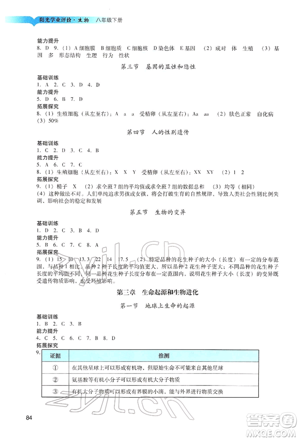 廣州出版社2022陽光學(xué)業(yè)評價八年級生物下冊人教版參考答案