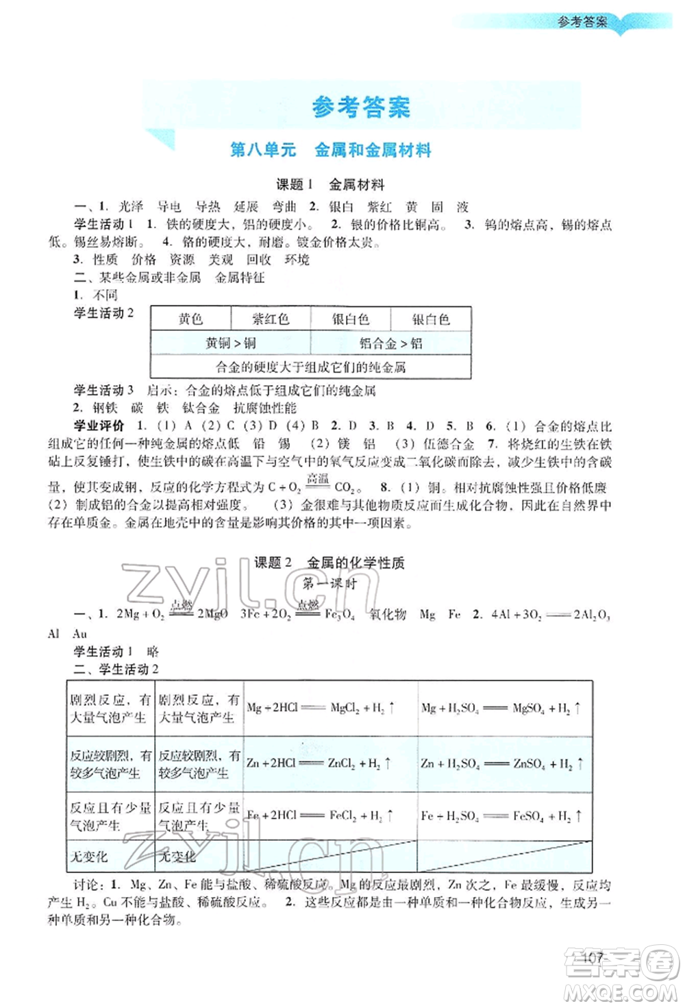 廣州出版社2022陽光學(xué)業(yè)評價九年級化學(xué)下冊人教版參考答案