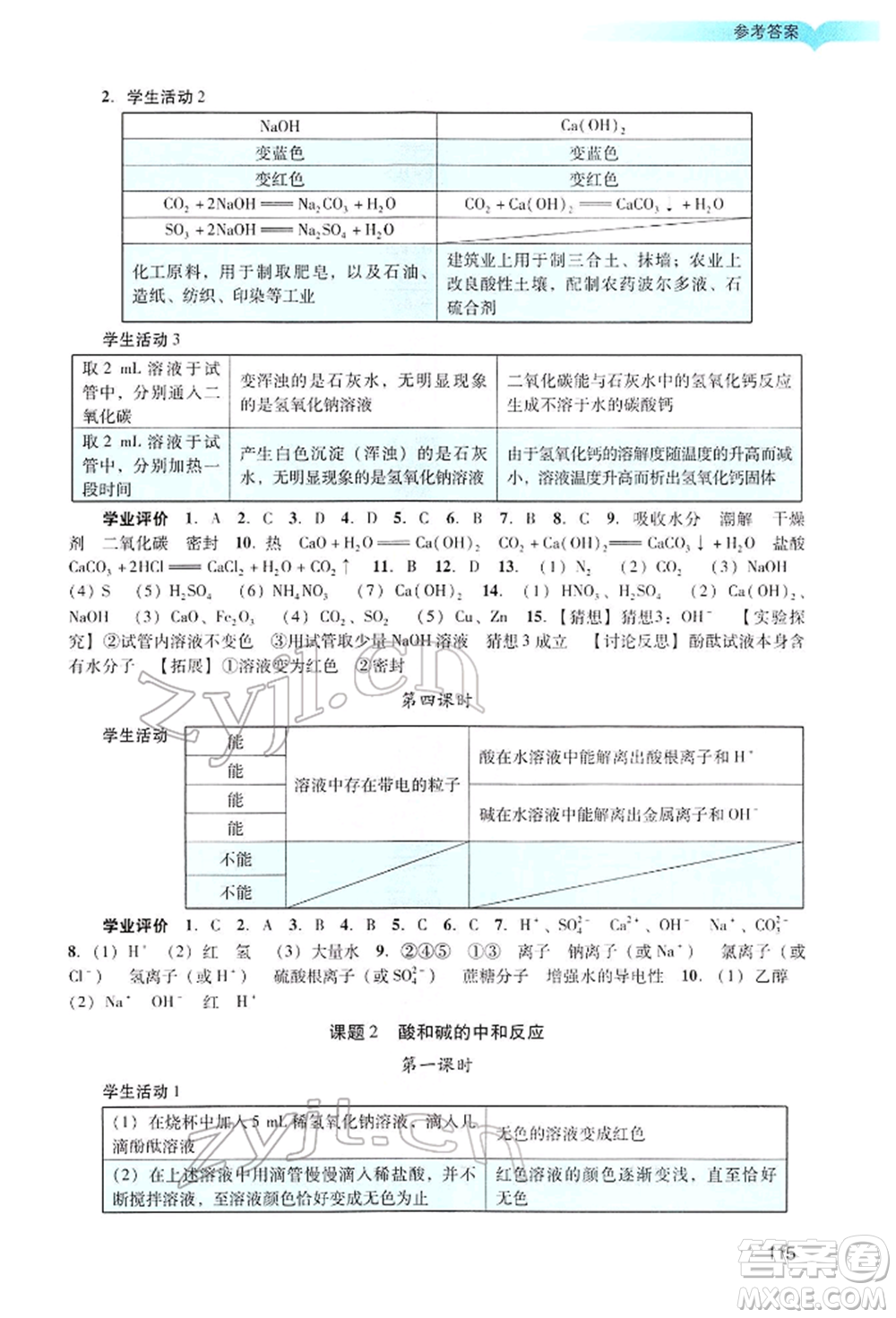 廣州出版社2022陽光學(xué)業(yè)評價九年級化學(xué)下冊人教版參考答案