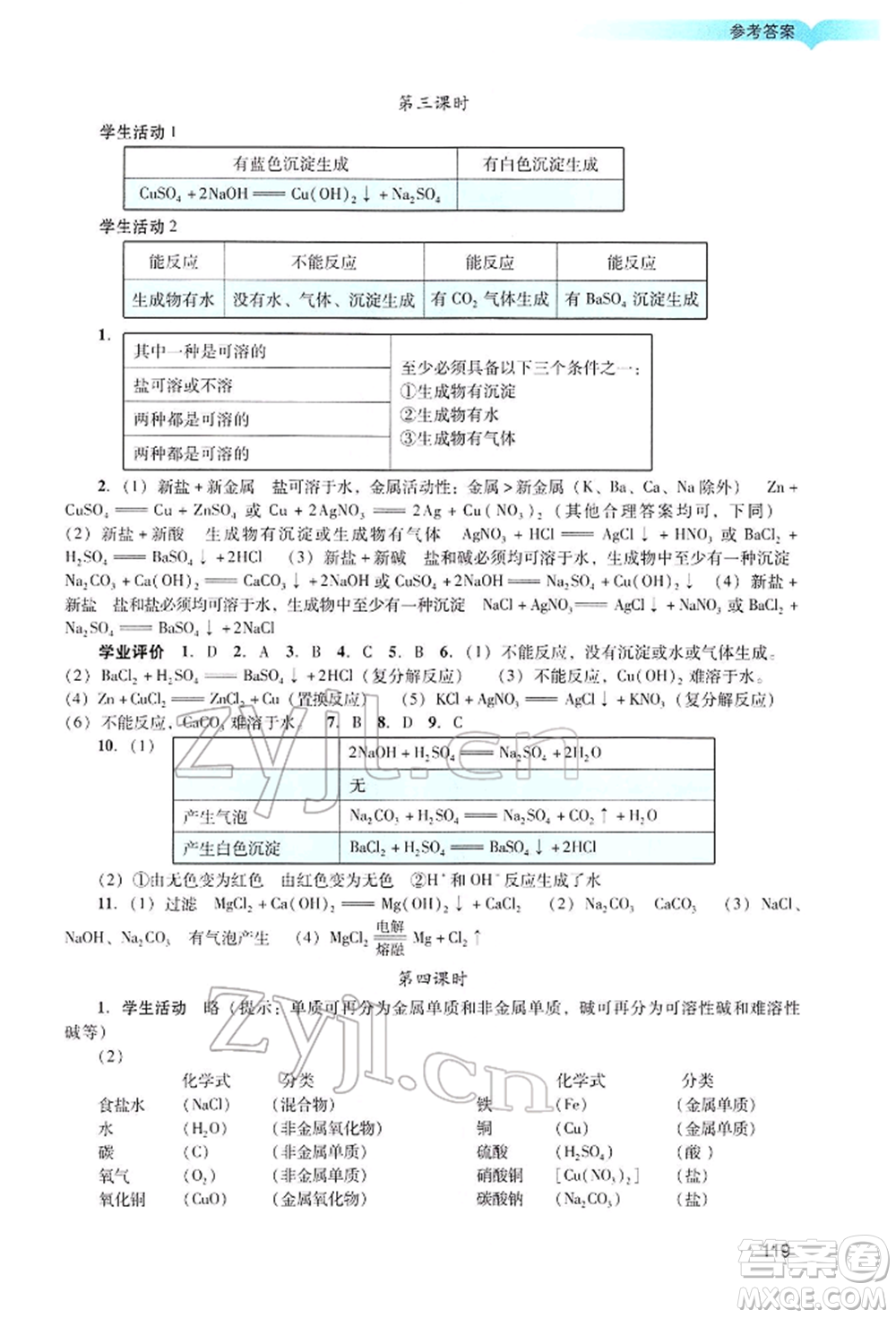 廣州出版社2022陽光學(xué)業(yè)評價九年級化學(xué)下冊人教版參考答案