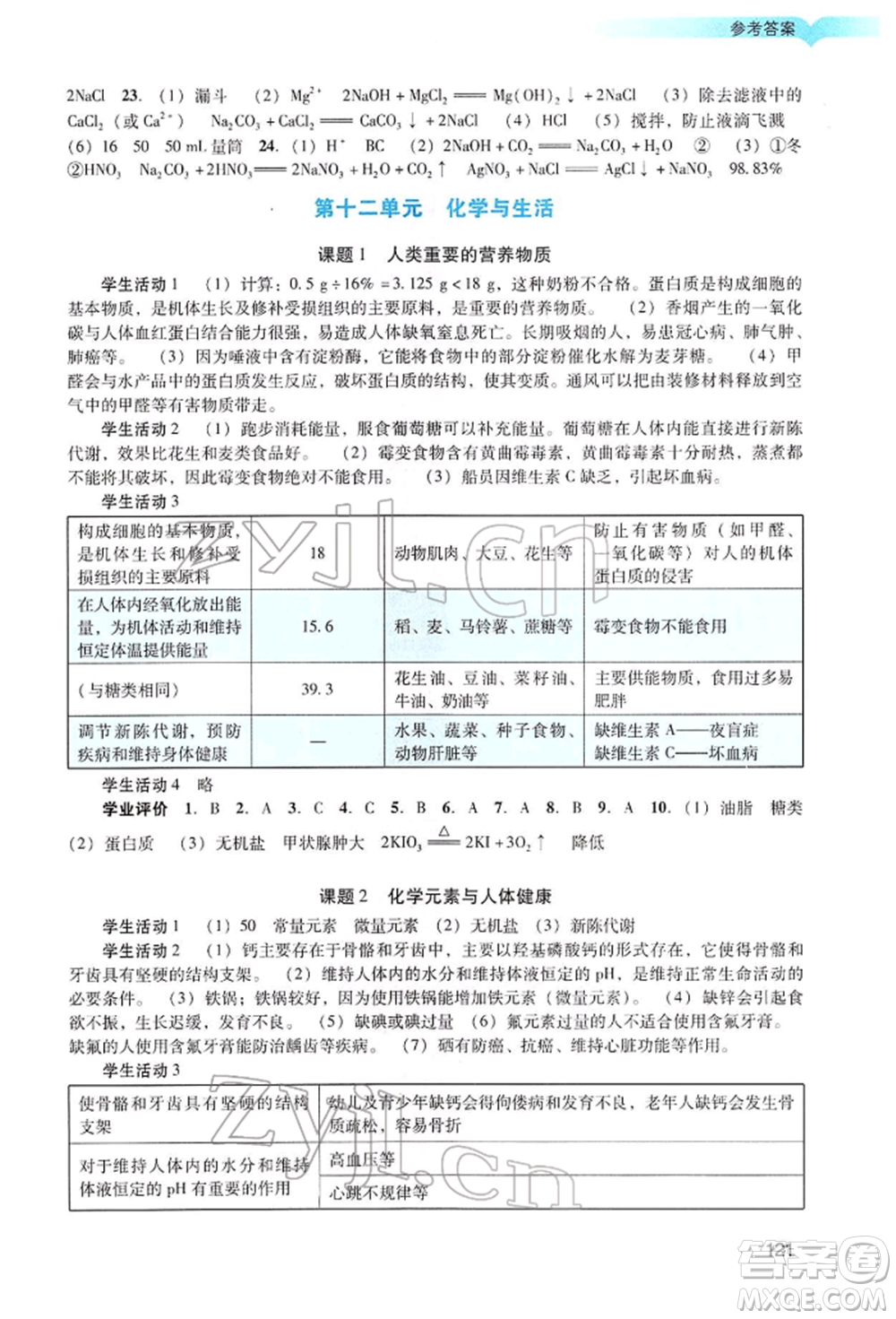 廣州出版社2022陽光學(xué)業(yè)評價九年級化學(xué)下冊人教版參考答案