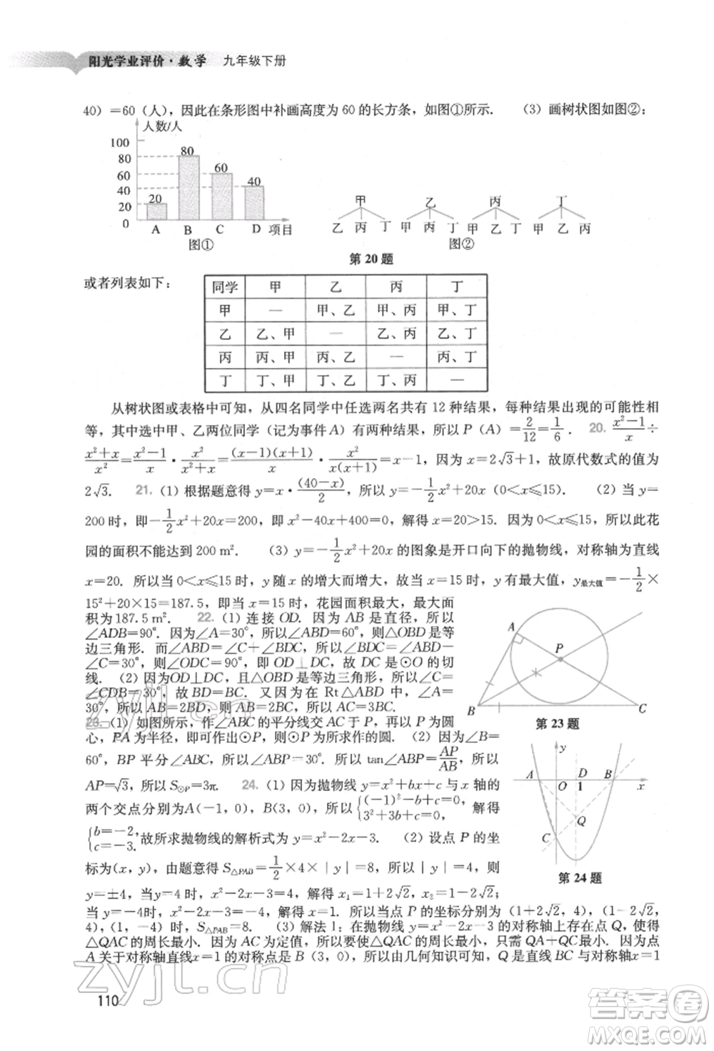 廣州出版社2022陽光學(xué)業(yè)評(píng)價(jià)九年級(jí)數(shù)學(xué)下冊(cè)人教版參考答案