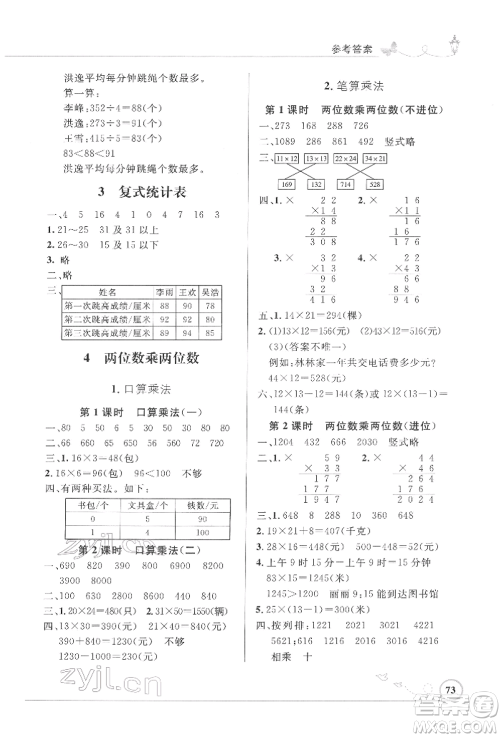 人民教育出版社2022小學(xué)同步測(cè)控優(yōu)化設(shè)計(jì)三年級(jí)數(shù)學(xué)下冊(cè)人教版福建專版參考答案