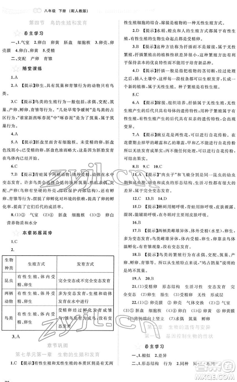 廣西教育出版社2022新課程學習與測評同步學習八年級生物下冊人教版答案