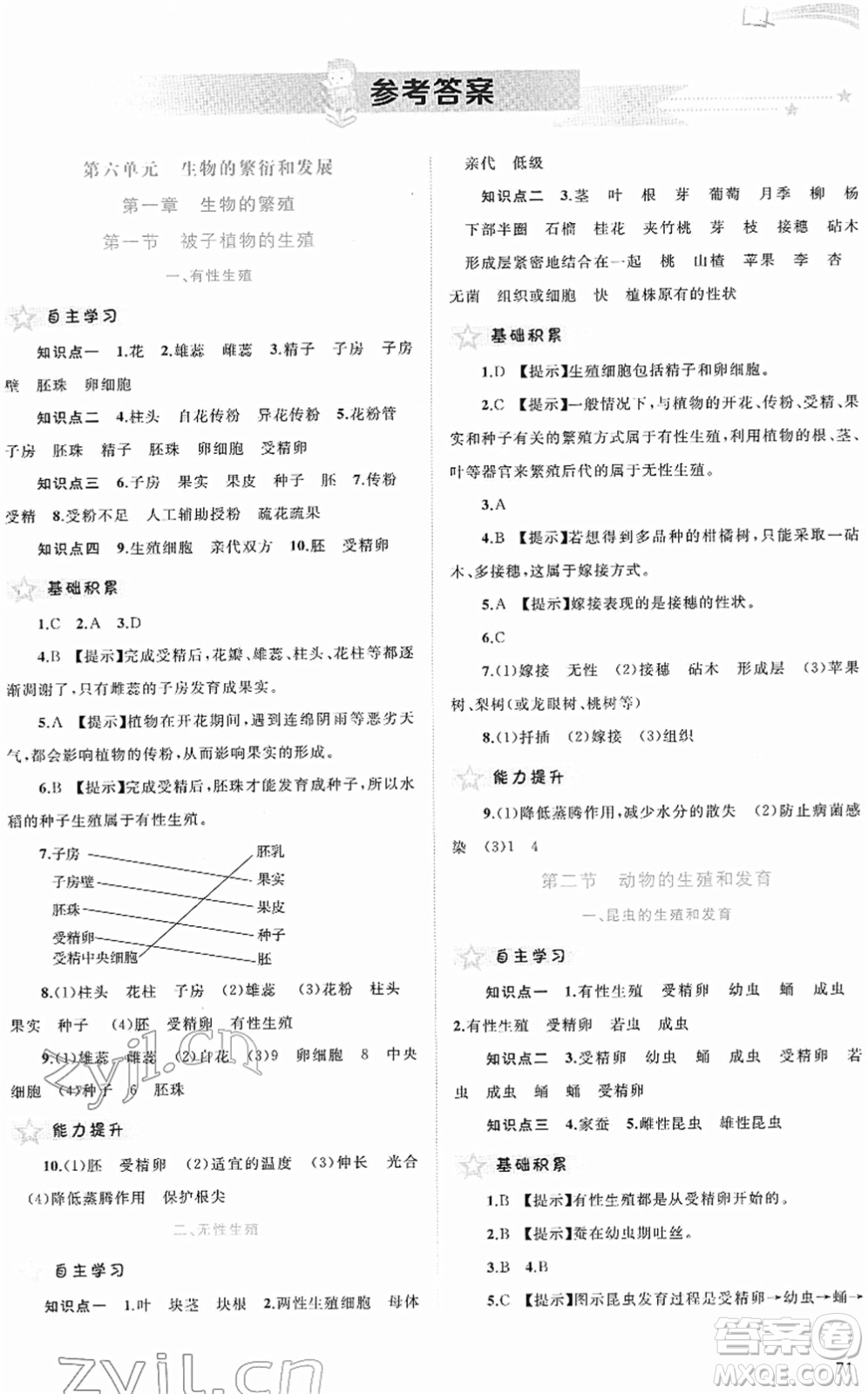 廣西教育出版社2022新課程學(xué)習(xí)與測評(píng)同步學(xué)習(xí)八年級(jí)生物下冊河北少兒版答案