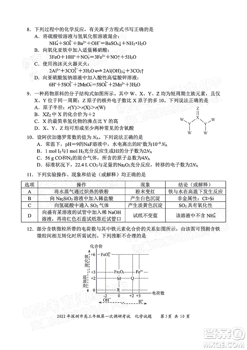 2022年深圳市高三年級第一次調研考試化學試題及答案