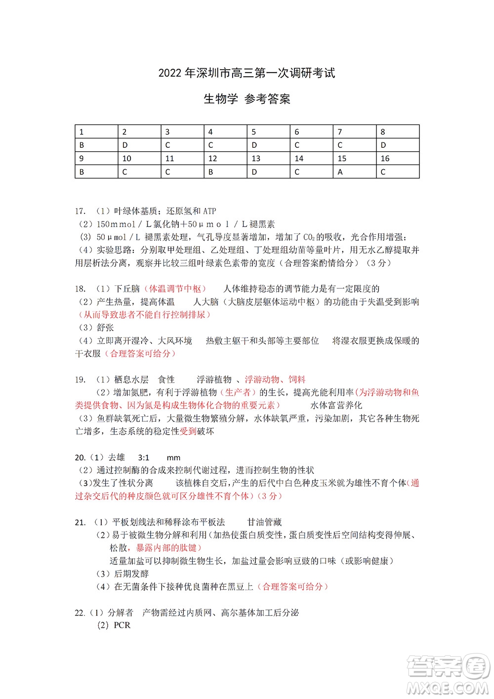 2022年深圳市高三年級(jí)第一次調(diào)研考試生物學(xué)試題及答案