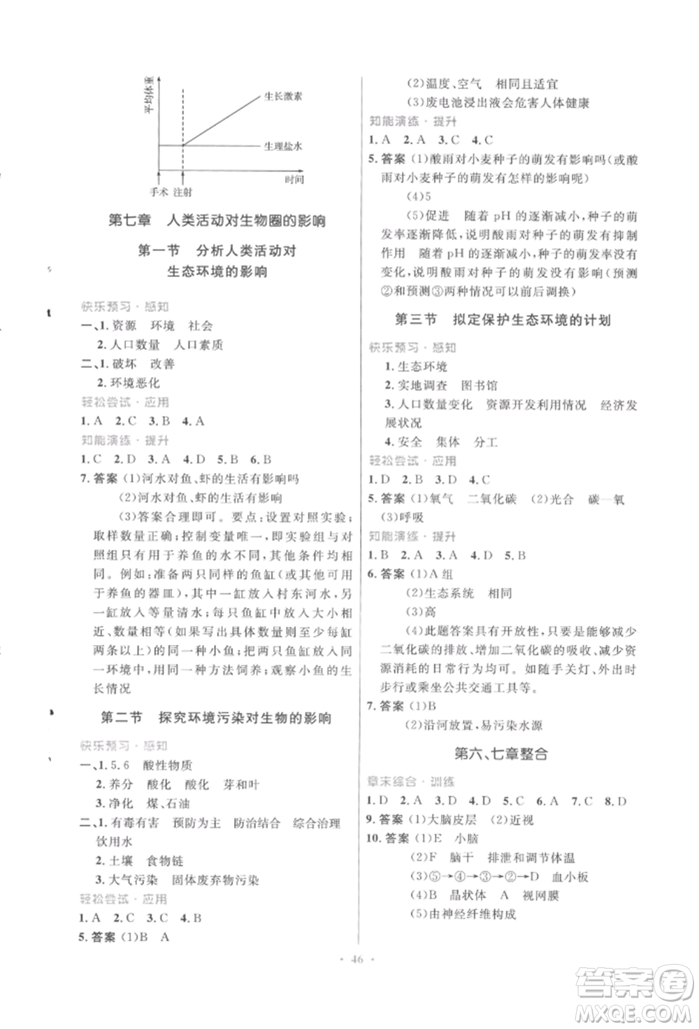 人民教育出版社2022初中同步測(cè)控優(yōu)化設(shè)計(jì)七年級(jí)生物下冊(cè)人教版福建專版參考答案