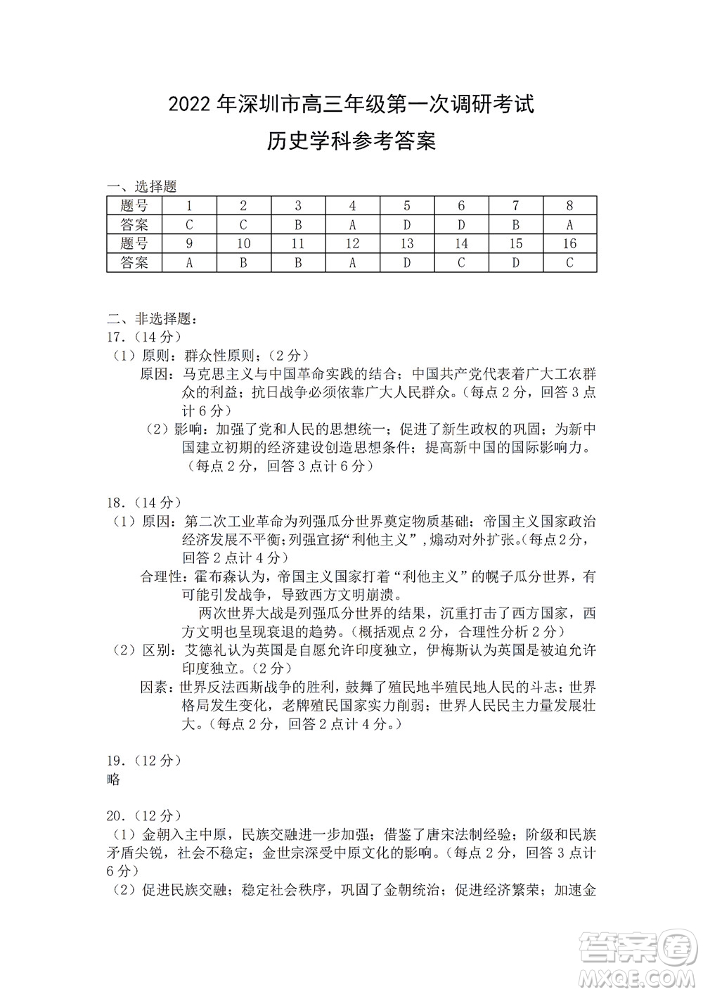 2022年深圳市高三年級第一次調(diào)研考試歷史試題及答案