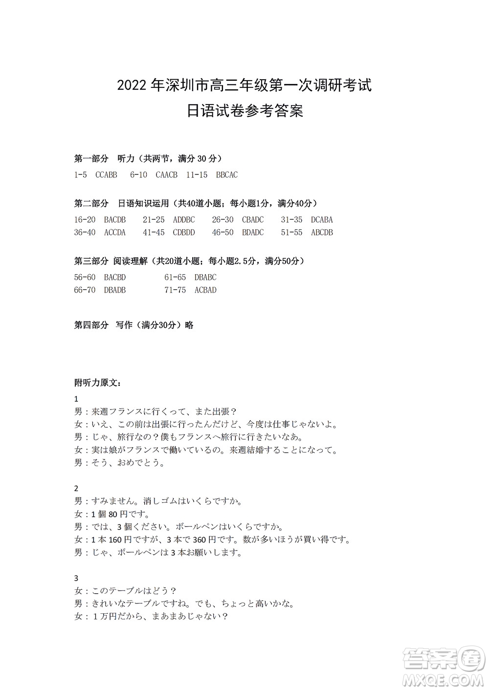 2022年深圳市高三年級第一次調(diào)研考試日語試題及答案