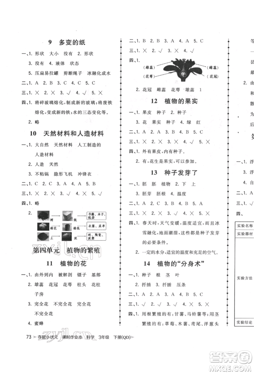 吉林教育出版社2022智慧翔奪冠小狀元課時作業(yè)本三年級科學下冊青島版參考答案