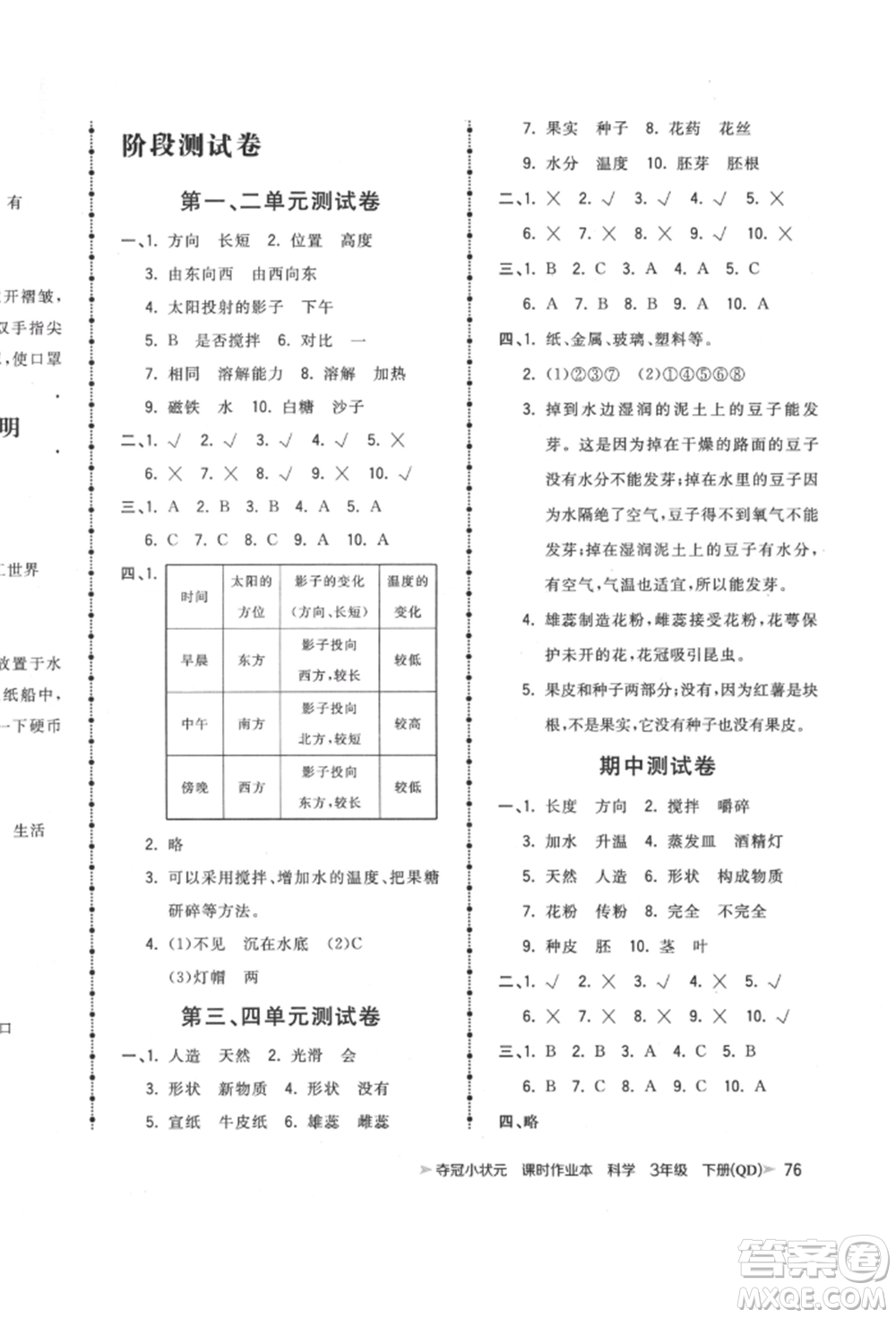 吉林教育出版社2022智慧翔奪冠小狀元課時作業(yè)本三年級科學下冊青島版參考答案