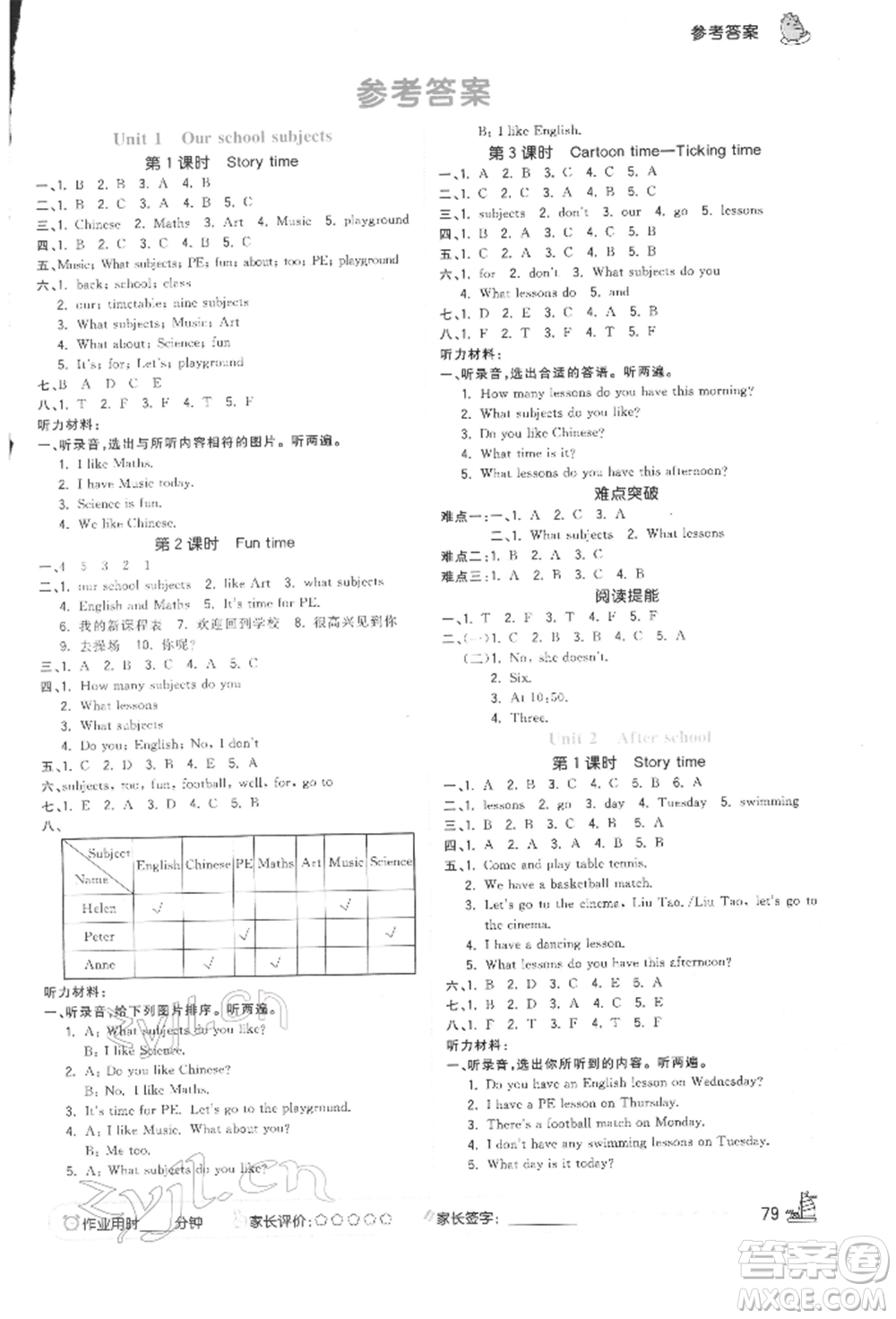 云南科技出版社2022智慧翔奪冠小狀元課時(shí)作業(yè)本四年級(jí)英語(yǔ)下冊(cè)譯林版參考答案