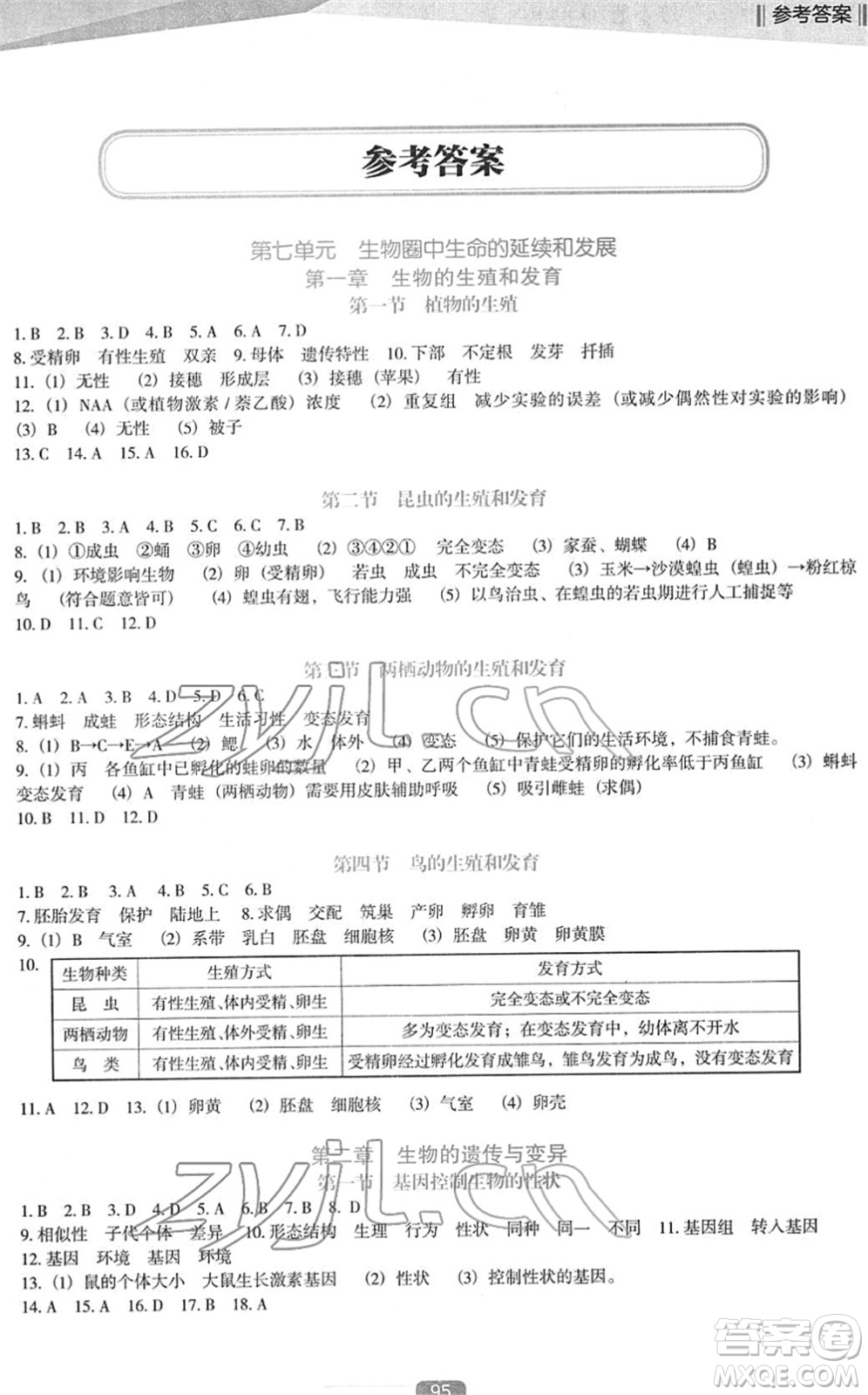 遼海出版社2022新課程生物能力培養(yǎng)八年級下冊人教版D版大連專用答案