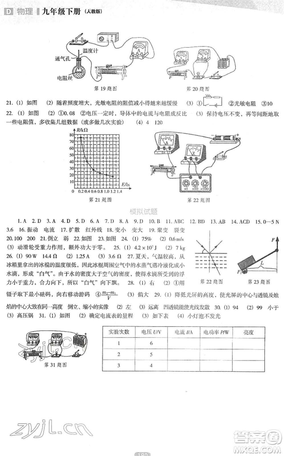 遼海出版社2022新課程物理能力培養(yǎng)九年級下冊人教版D版大連專用答案