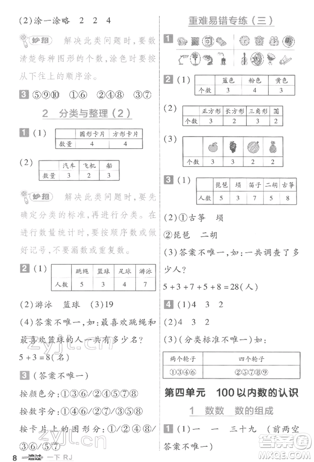 南京師范大學(xué)出版社2022一遍過一年級數(shù)學(xué)下冊人教版參考答案