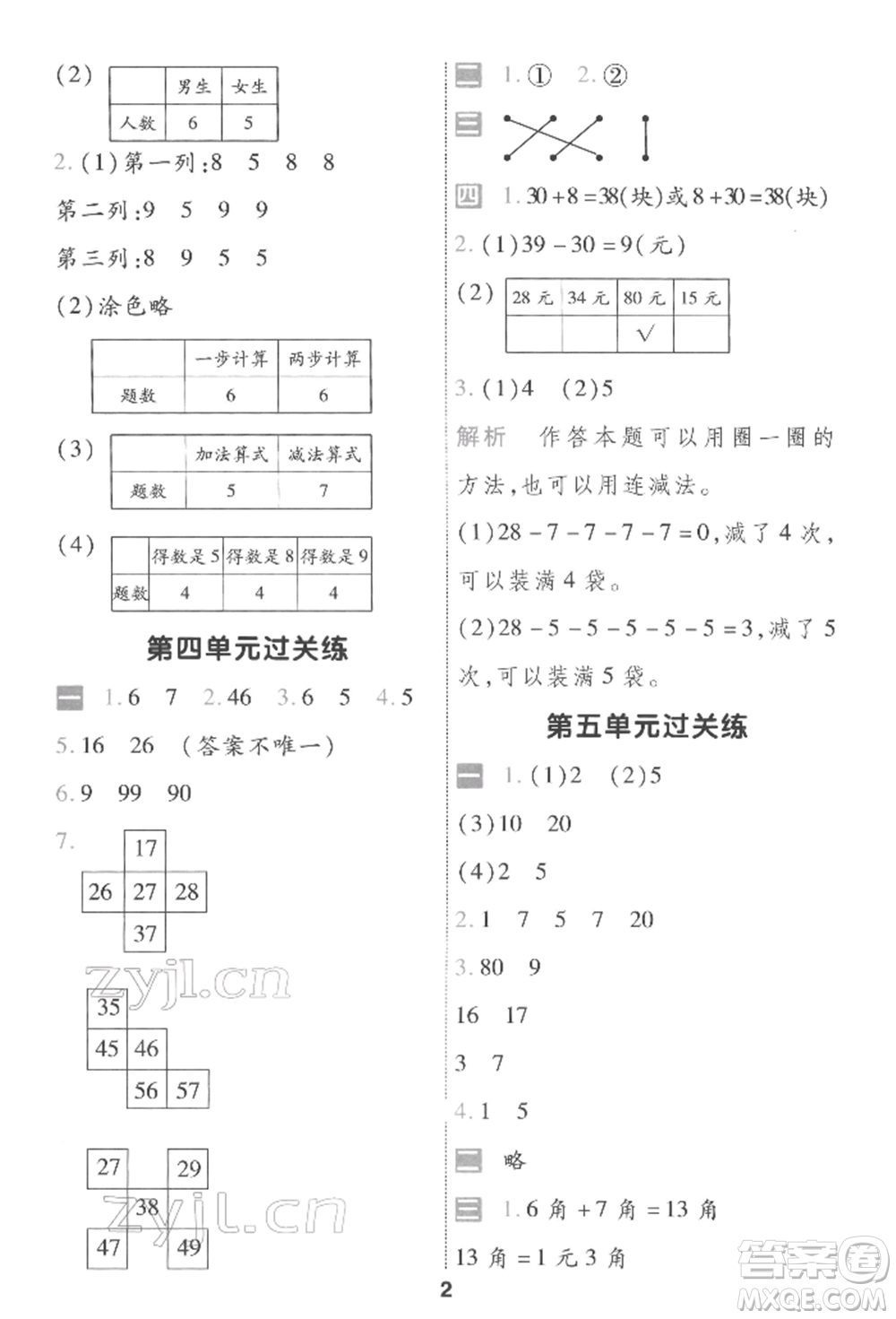 南京師范大學(xué)出版社2022一遍過一年級數(shù)學(xué)下冊人教版參考答案