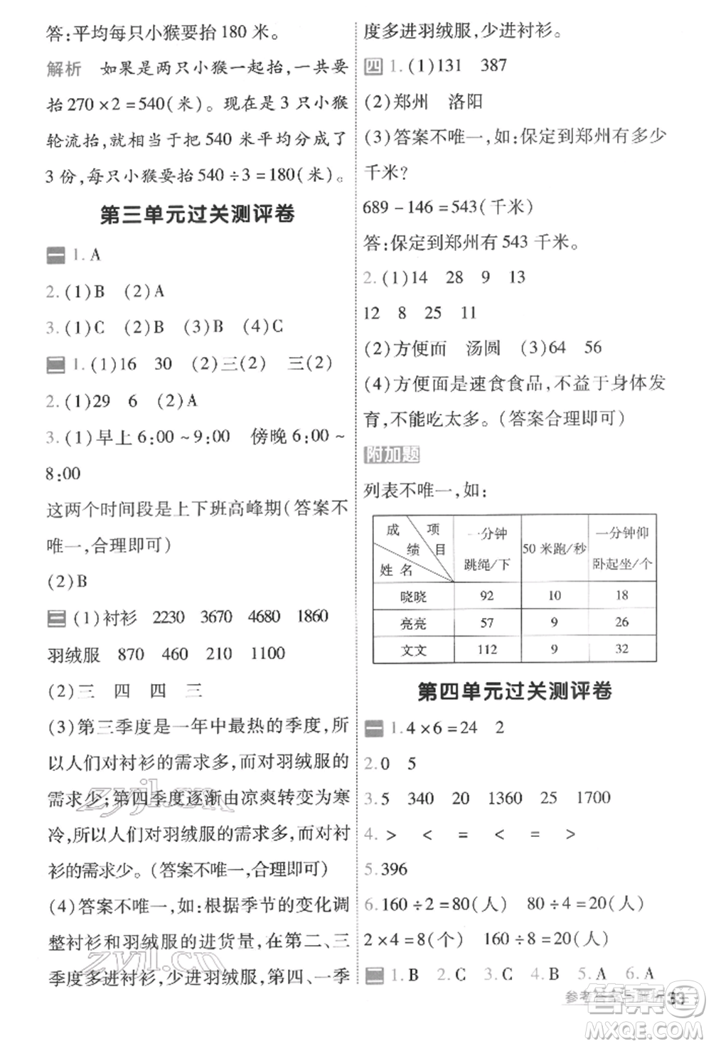 南京師范大學出版社2022一遍過三年級數(shù)學下冊人教版參考答案