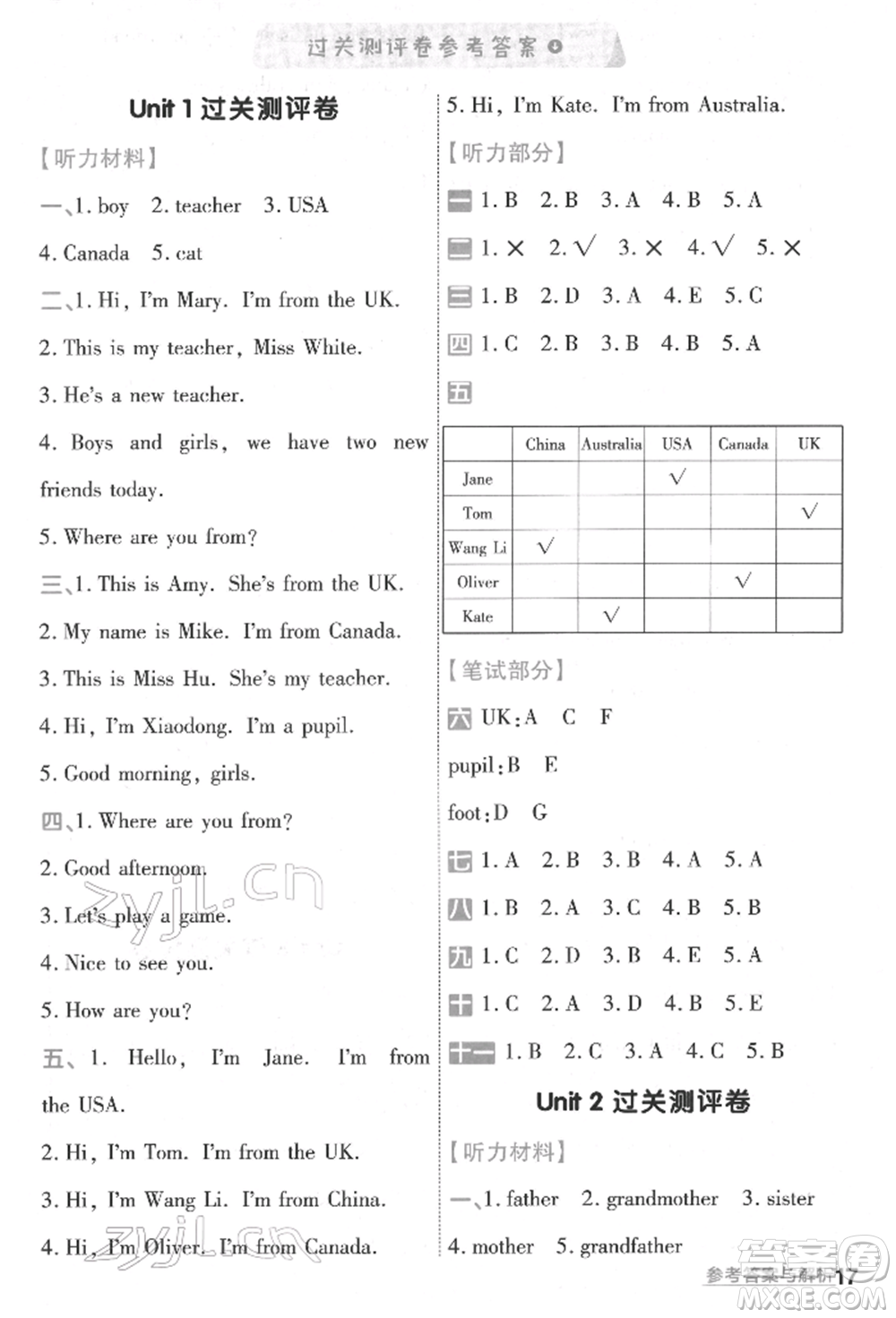 南京師范大學出版社2022一遍過三年級英語下冊人教版河南專版參考答案