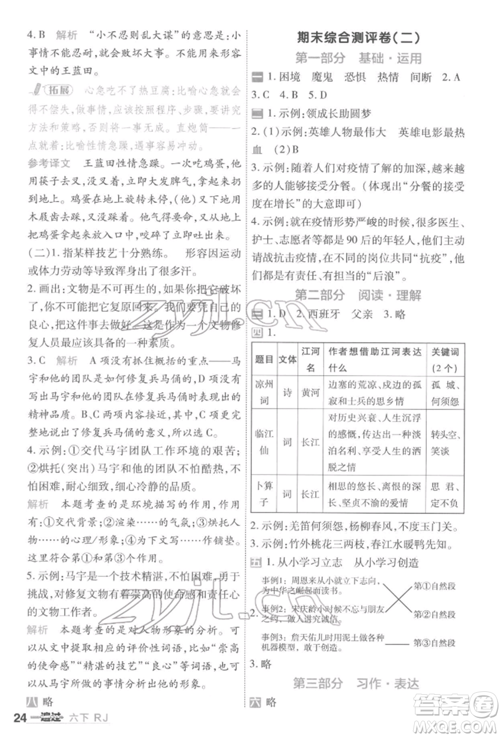 南京師范大學(xué)出版社2022一遍過(guò)六年級(jí)語(yǔ)文下冊(cè)人教版參考答案