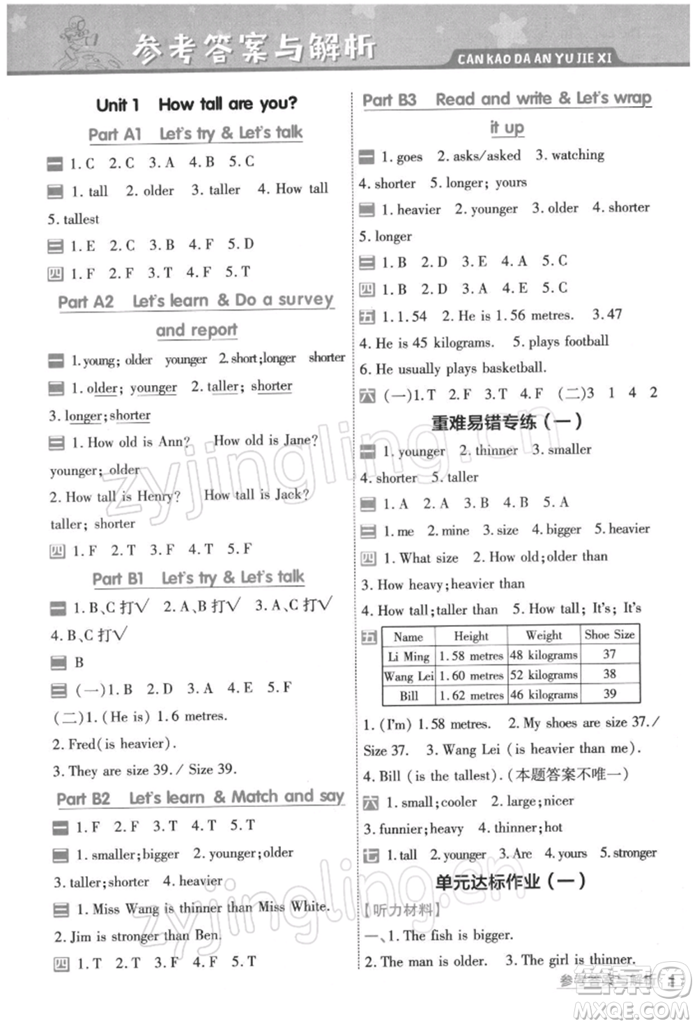 南京師范大學出版社2022一遍過六年級英語下冊人教版浙江專版參考答案